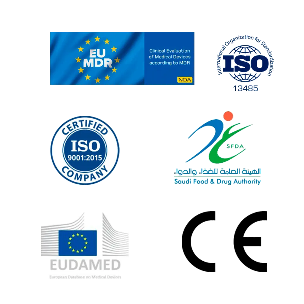 Seals: EU MDR, ISO 13485, ISO 9001, SFDA, EUDAMED and CE